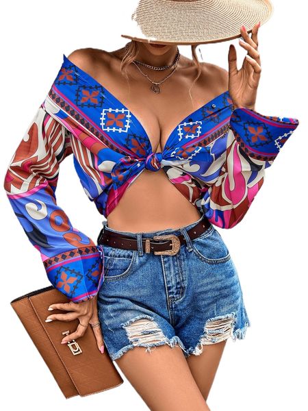 

geo print button front blouse z48u#, White