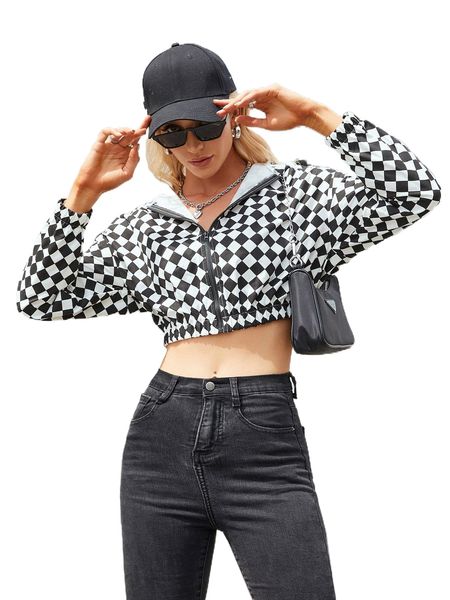 

checker hooded crop jacket d9jz#, Black;brown