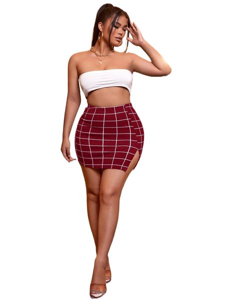 

sxy grid plaid split side bodycon skirt c0nu#, Black