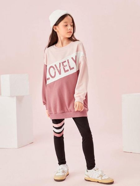 

girls letter graphic color block drop shoulder pullover & leggings she, White