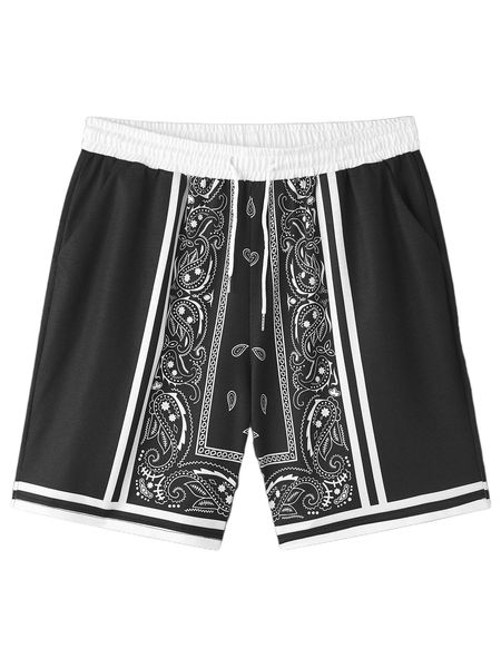 

men paisley print striped trim shorts 359w#, White;black