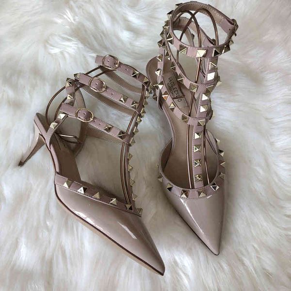 

dress shoes xia v family rivet pointed high heels women's t-belt liuding thin heel strap leather sandals bridesmaid wedding fx0n, Black
