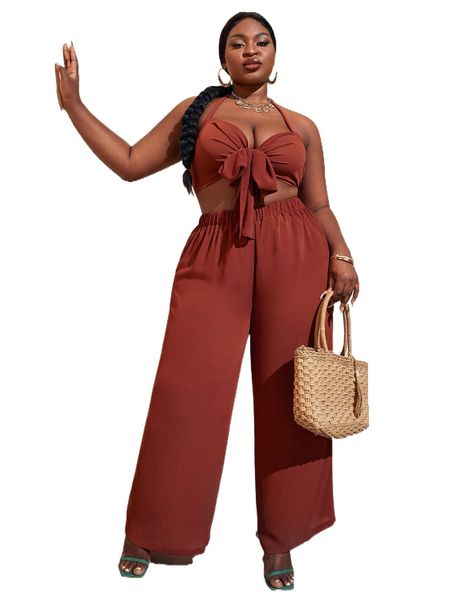 

sxy plus tie backless crop halter & wide leg pants b9oj#, Black