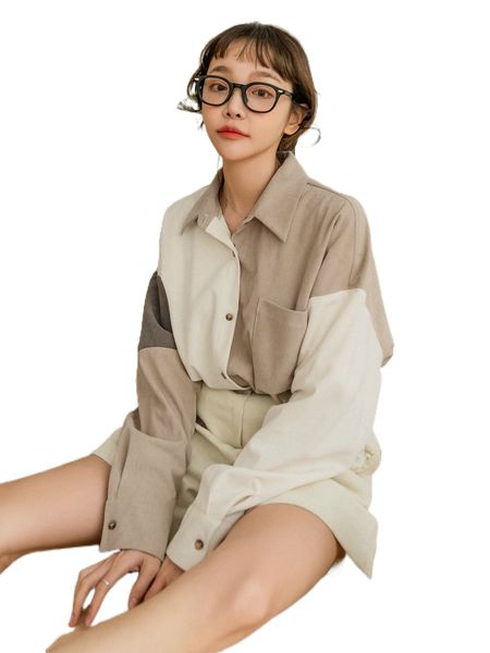 

dazy color block patched pocket drop shoulder corduroy blouse q6mb#, White