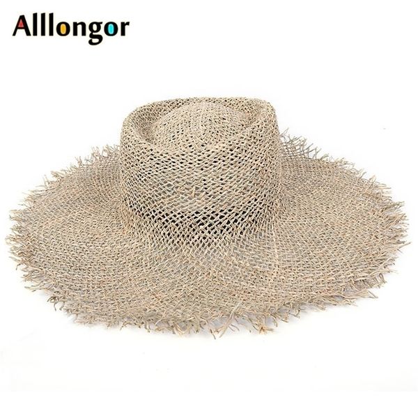 

natural grasses summer straw hat women beach cap visor protection sun hats wide brim sunhat chapeau femme drop 220526, Blue;gray