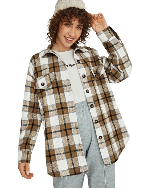

houndstooth print pocket patched drop shoulder overcoat s5c3#, Black