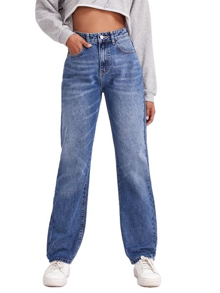 

high waist bleach wash straight leg jeans q9x8#, Blue