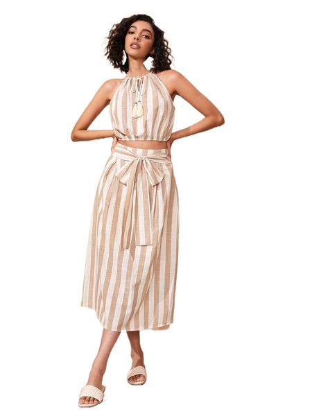 

vertical striped tassel tie neck crop & belted skirt p4tz#, White