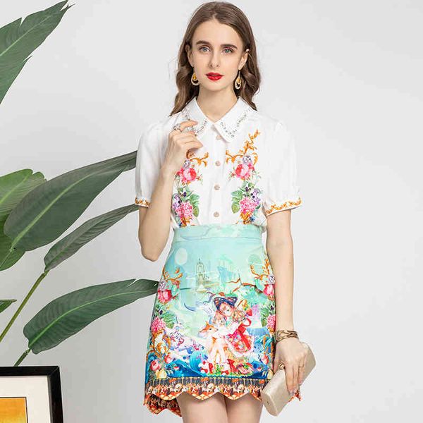 

women's two piece pants fashion temperament nail drill lapel short sleeve printed shirt + beautiful girl a-line skirt set, White