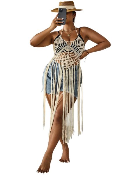 

plus hollow out tie backless fringe hem cover up without bikini 79nc#, Black