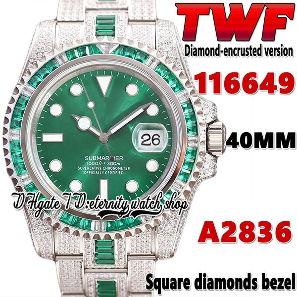 2022 TWF ey126610 t116610 A2836 Automatik-Herrenuhr i116649, Smaragd-Quadrat-Diamant-Lünette, grünes Zifferblatt, 904L-Stahl, Iced-Out-Diamant, zweifarbiges Armband, Ewigkeitsuhren