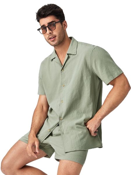 

men solid shirt and pocket front shorts set k6tm#, Gray