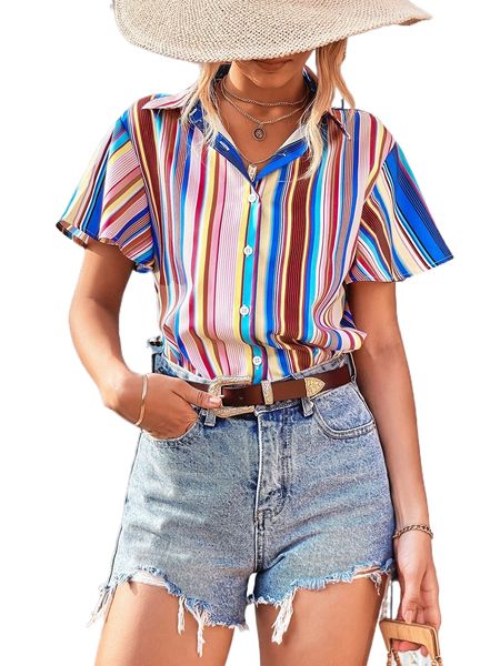 

colorful striped flutter sleeve blouse w7nn#, White
