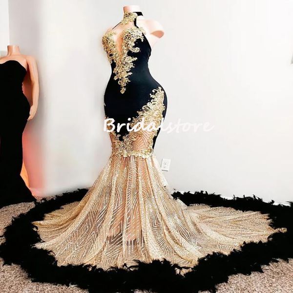 Schwarze Mädchen Orange Ballkleider mit Feder Pailletten Meerjungfrau Abendkleid 2022 Goldapplikationen Aso Ebi formelles Partykleid Türkei Dubai besondere Anlässe Frauen tragen