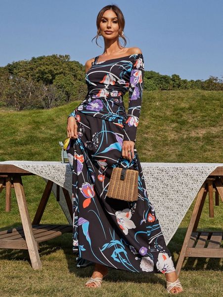 

missord floral print asymmetric neck dress h08l#, Black;gray