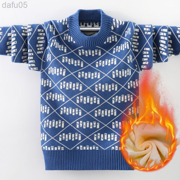 

children plus velvet warm sweater fashion print design kids knitted outerwear jacket for teen boy 3-15years vest l220803, Blue