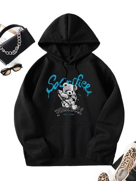 

bear & letter graphic kangaroo pocket drawstring thermal hoodie k0pp#, Black