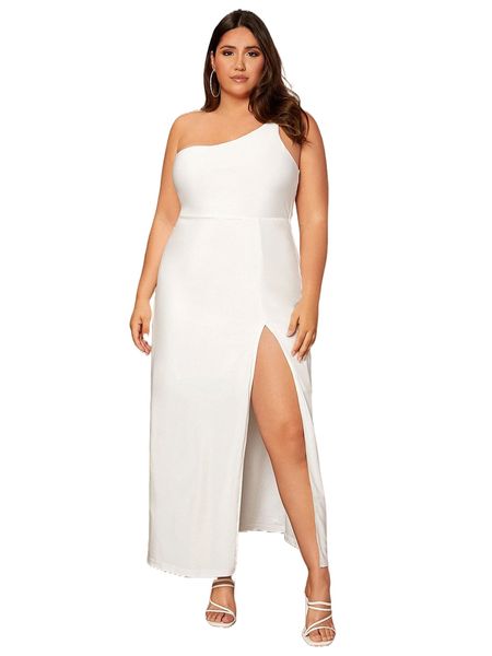 

plus one shoulder slit thigh dress j5cu#, Black