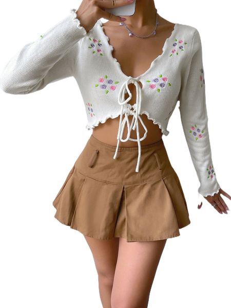 

floral embroidery lettuce trim knot front cardigan 97ax#, White;black