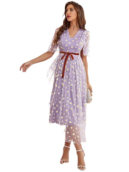 

ditsy floral v neck butterfly sleeve belted dress j2hw#, Black;gray