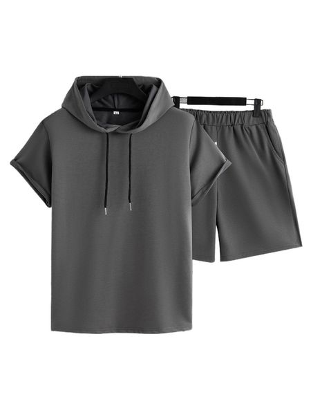 

men solid drawstring hooded tee & shorts e31c#, Gray
