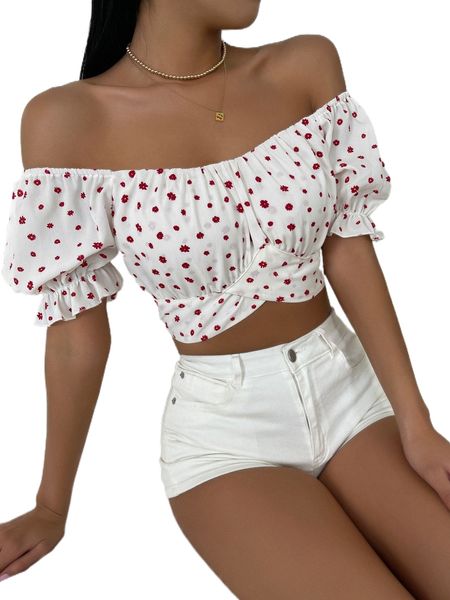 

off the shoulder ditsy floral print shirred back crop d43z#, White