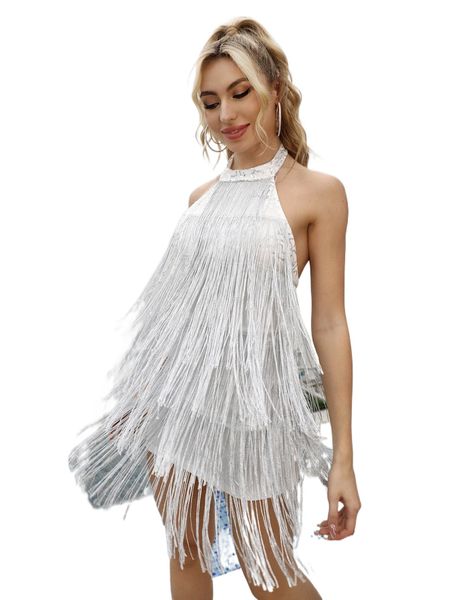 

d& contrast sequin layered fringe trim backless halter dress t0cs#, Black;gray