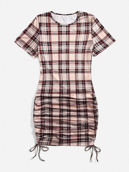 

plus plaid drawstring side dress q666#, Black