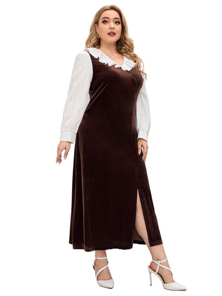 

plus colorblock ruffle trim slit hem velvet dress 46n4#, Black