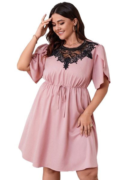 

plus contrast lace insert petal sleeve tie front dress y8zg#, Black