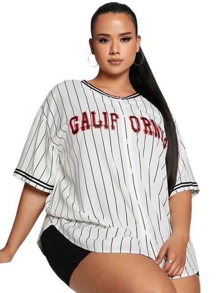 

sxy plus vertical striped & letter graphic drop shoulder blouse t7fd#, Black