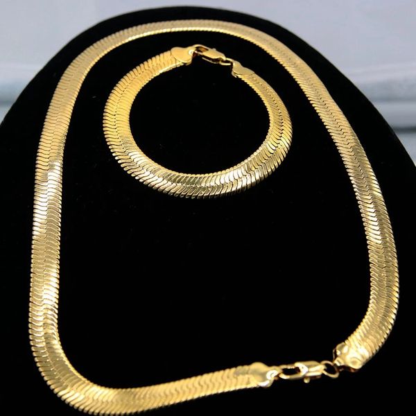 

trend jewelry set 18k yellow gold filled flat herringbone chain necklace bracelet sets men accessories, Silver