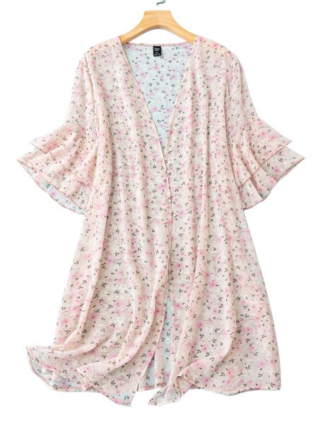 

plus ditsy floral print flounce sleeve chiffon kimono w6ny#, Black;gray