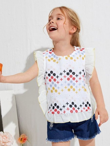 

toddler girls ruffle trim geo eyelet embroidered she, White;black