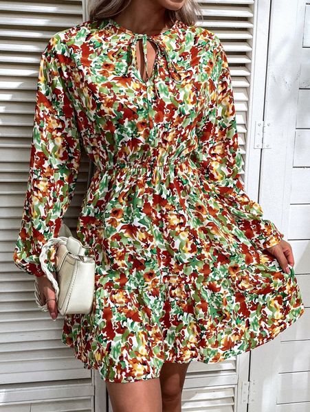 

allover print tie neck ruffle hem a-line dress 63vt#, Black;gray