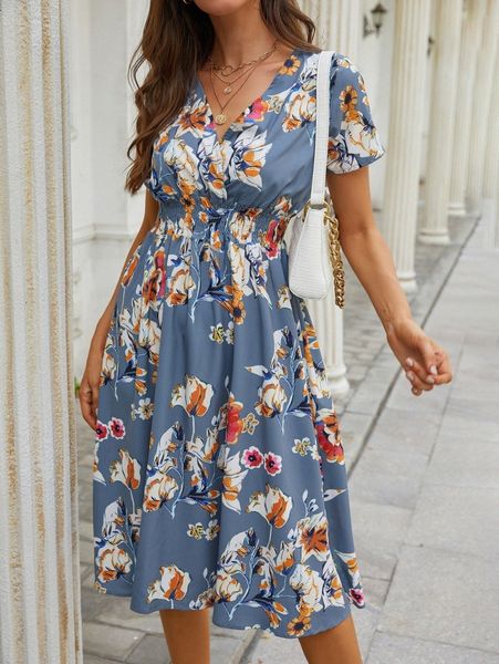 

allover floral shirred wrap dress v14n#, Black;gray