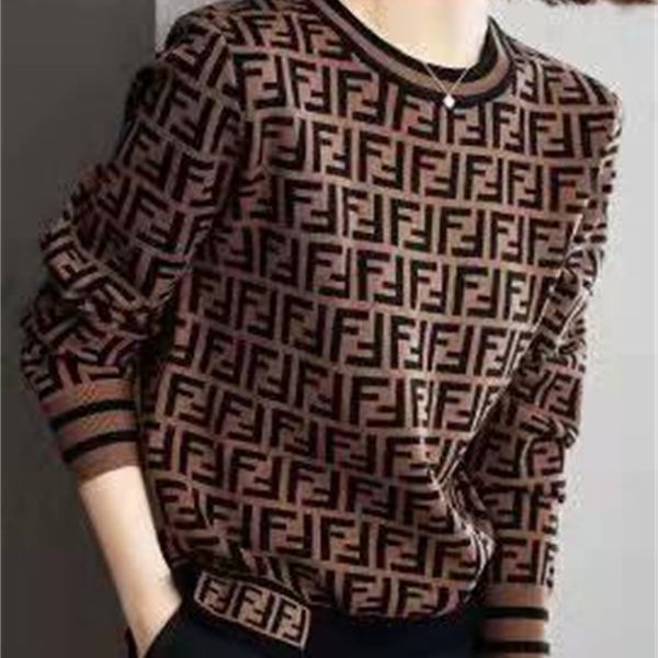 

designer double f letter round neck knitted long sleeve t-shirt pullover sweater new women's slim fit in autumn 2022 2022, White