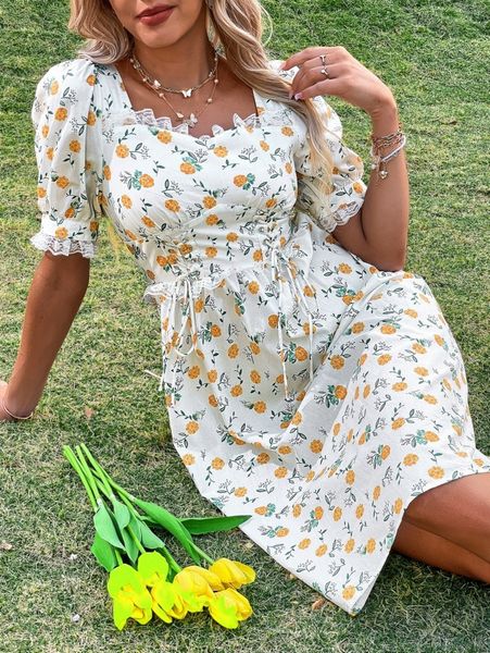 

random floral print puff sleeve grommet lace up front dress v9kl#, Black;gray