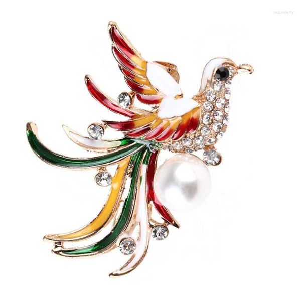 Pins Broschen Fyjs einzigartige helle gelbgoldfarbe legellegierte zeichnen emaill chinesische style phoenix Imitation Perle Brosche Klassiker Juwelrrrr