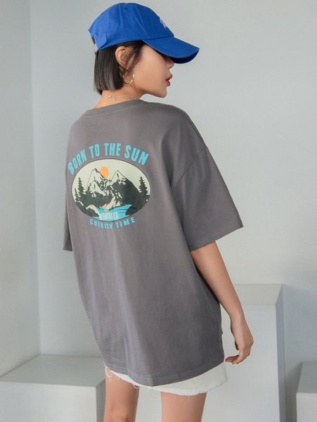 

dazy mountain & letter graphic drop shoulder tee o9f4#, White