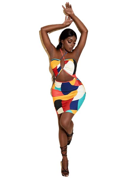 

sxy color block cut out halter neck bodycon dress u0ac#, Black;gray