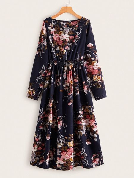 

floral print shirred waist dress m8ep#, Black;gray