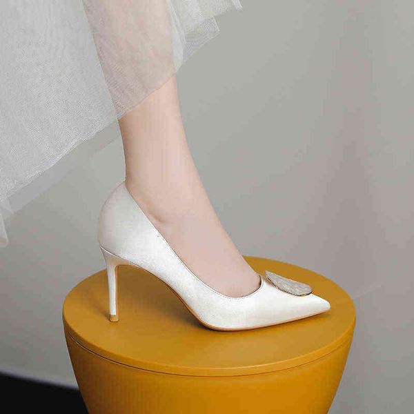 

2022 white high-heeled women's thin heel square button silk pointed wedding bridal match with skirt and wear single shoes, Black