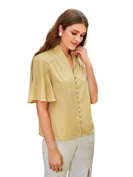 

butterfly sleeve button front ruched blouse h7o2#, White