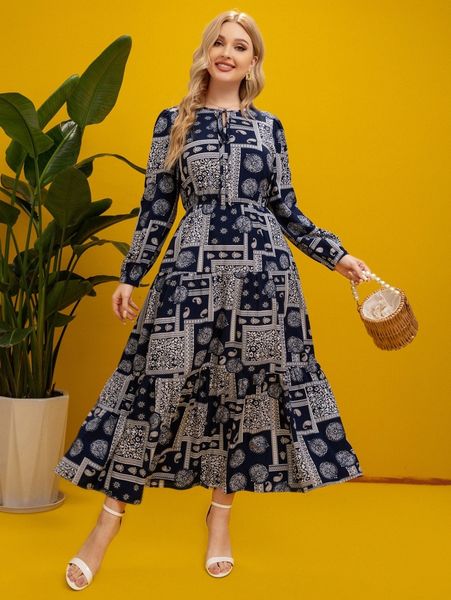 

plus paisley and scarf print tie neck ruffle hem dress x3br#, Black