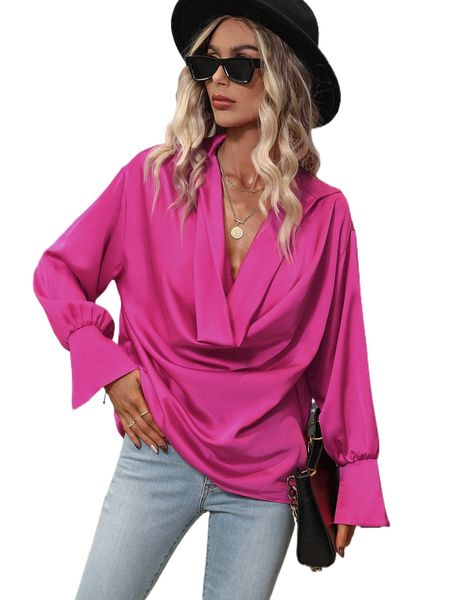 

draped collar split cuff satin blouse d9n2#, White