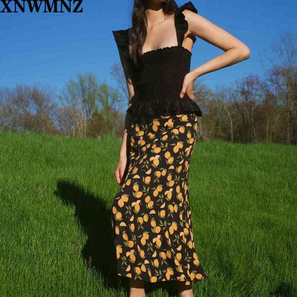 

xnwmnz za women orange printing vintage elegant midi skirts slim fitting through the waist and hip with a relaxed skirt 210513, Black