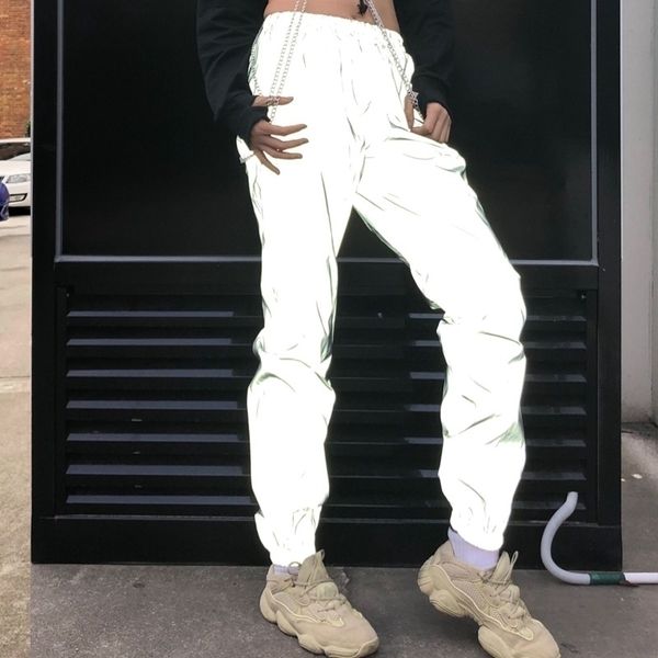 

reflective joggers women sweatpants gray reflective pants ladies punk neon pants women trousers korean winter y200418, Black;white