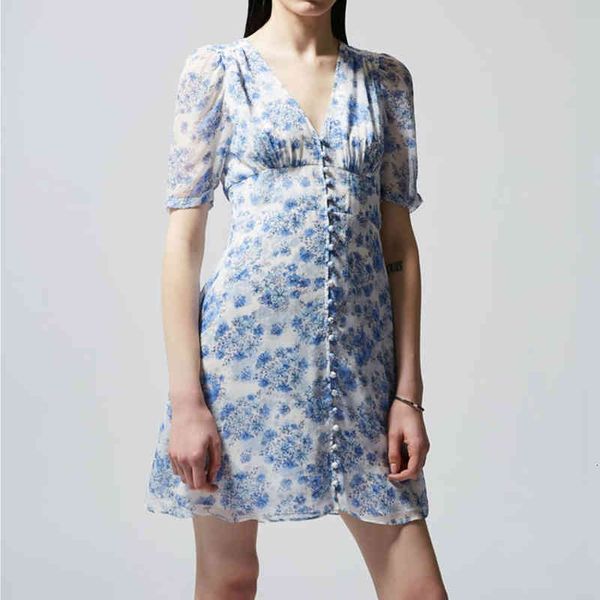 

french single tk spring summer lace up cuffs v-neck small row button printed crepe dress, Black;gray