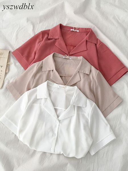 YSZWDBLX Camicia da donna Manica corta Estate Casual Camicetta solida Camicie coreane con colletto rovesciato Camicie in chiffon bianco rosa Top da donna